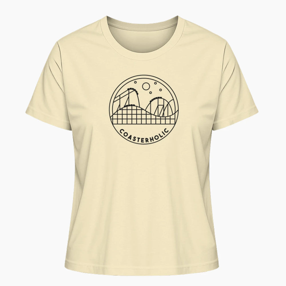 Das "Coasterholic" Damen T-Shirt in Weiß mit einem minimalistischen Achterbahn-Design. Perfekt für Achterbahn-Fans, die ihren Coaster-Enthusiasmus stilvoll präsentieren möchten.