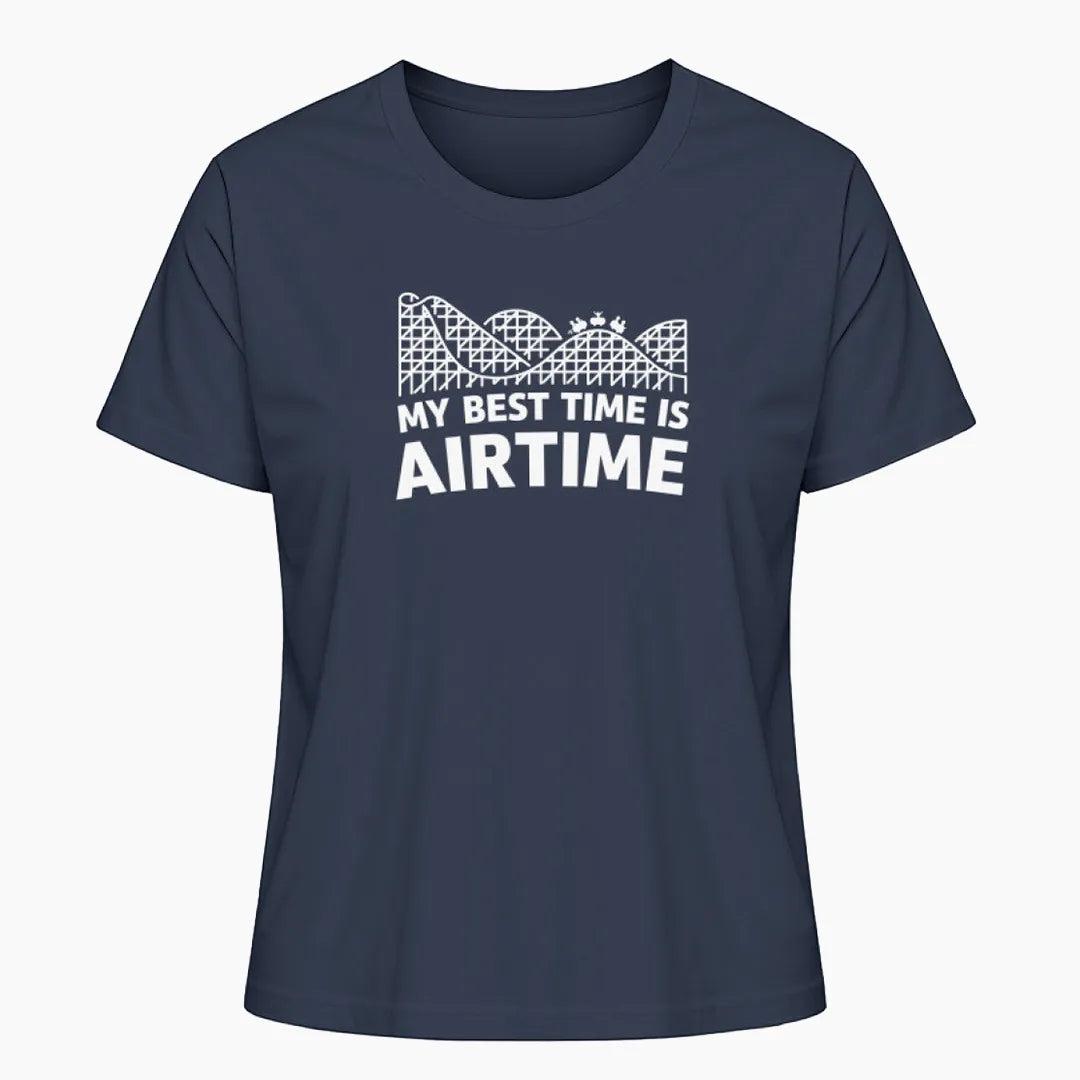 Das "My Best Time is Airtime" Damen T-Shirt in Weiß mit minimalistischem Achterbahn-Design. Ideal für Freizeitpark-Fans, die das Gefühl der Airtime lieben und es stilvoll zeigen möchten.