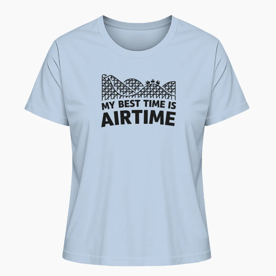 Das "My Best Time is Airtime" Damen T-Shirt in Weiß mit minimalistischem Achterbahn-Design. Ideal für Freizeitpark-Fans, die das Gefühl der Airtime lieben und es stilvoll zeigen möchten.